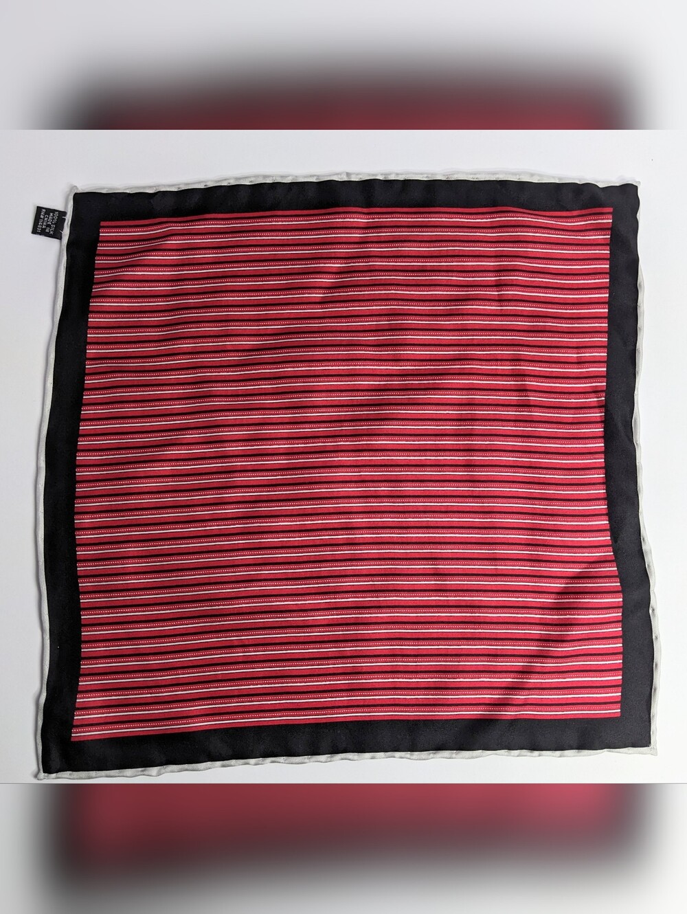 A.W. Chang Silk Pocket Square, Striped Red Black Grey, Hand-Rolled Hem, 13"x13"